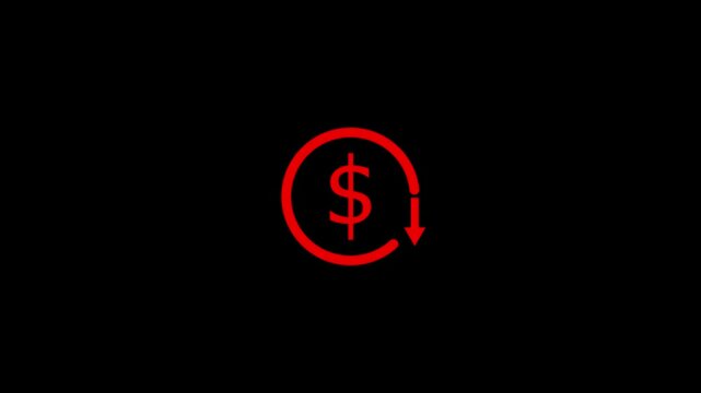 Dollar down icon symbol.Dollar price collapse. Dollar price fall.Money reduction icon. Dollar currency price drop concept. circle with down arrow moving animation.
