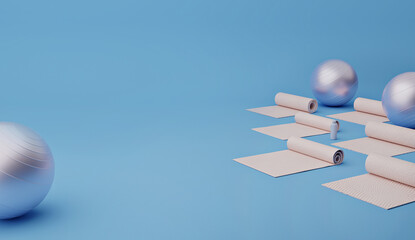 Yoga mats and exercise balls in a fitness studio on blue background, 3d rendered illustration