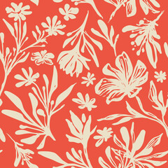 Seamless floral vintage contrast vector modern trendy ink line handmade for fabric design, decor, ceramics, greeting cards, flowers, texture print on orange background