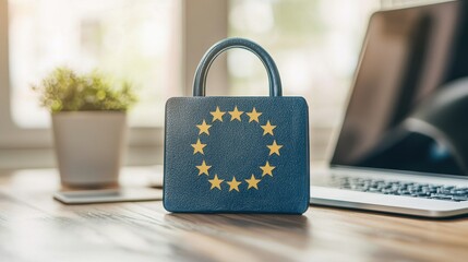 A blue padlock with the European Union flag sits on a wooden desk beside a laptop and a potted plant, symbolizing security and EU identity.