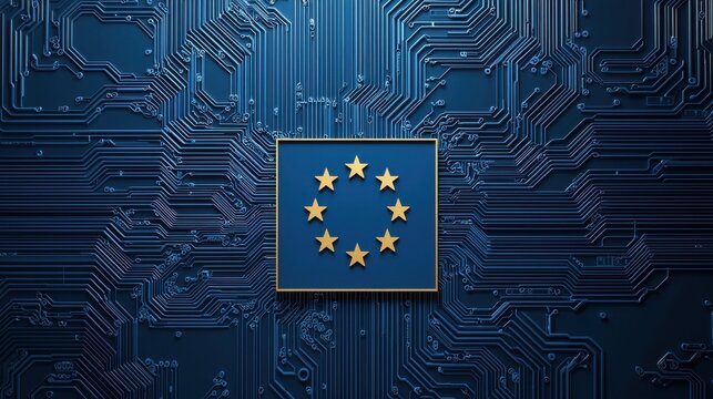 A stylized depiction of the European Union flag set against a circuit board background, symbolizing technology and integration.