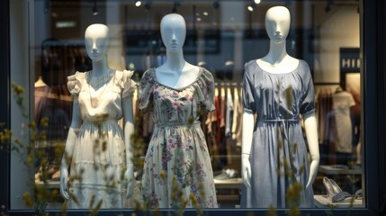 Naklejka premium Stylish mannequins showcasing trendy dresses in store window