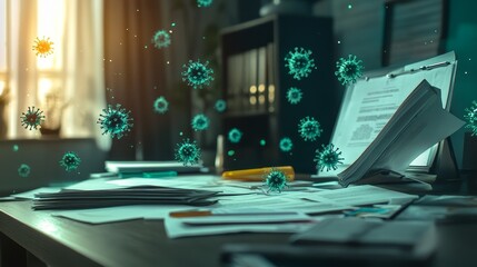 Viruses surround paperwork on a cluttered desk.