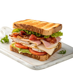 Delicious Club Sandwich with Bacon, Turkey, Ham, Cheese, Lettuce, and Tomato on Toasted Bread