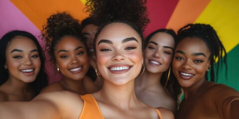 Fototapeta premium Group of people posing and smiling playfully against colorful backgrounds while taking selfies 