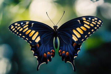 A close-up shot of a black butterfly with vibrant orange spots on its wings, perfect for use in nature-inspired designs or illustrations