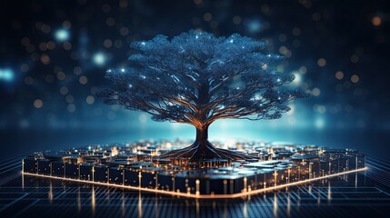Futuristic digital tree with integrated circuit patterns as branches, symbolic of technology in harmony with nature,