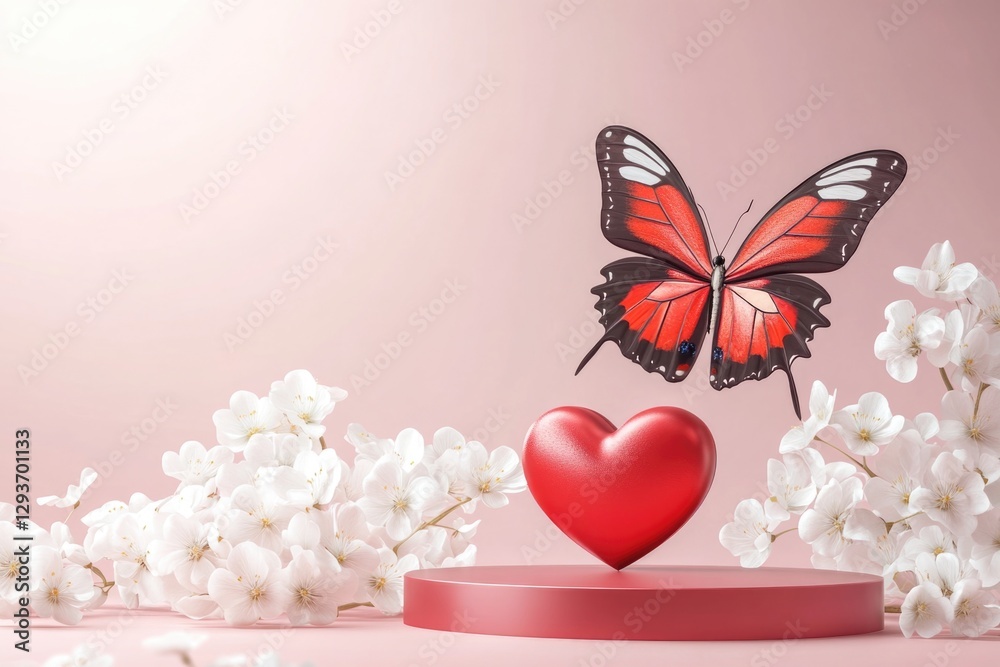 Poster a red heart with a butterfly flying over it