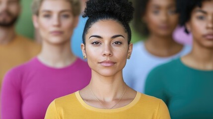 A diverse group of people practicing mindful yoga together in a serene natural setting promoting inclusive wellness and shared inner peace through the holistic practice of meditation and exercise