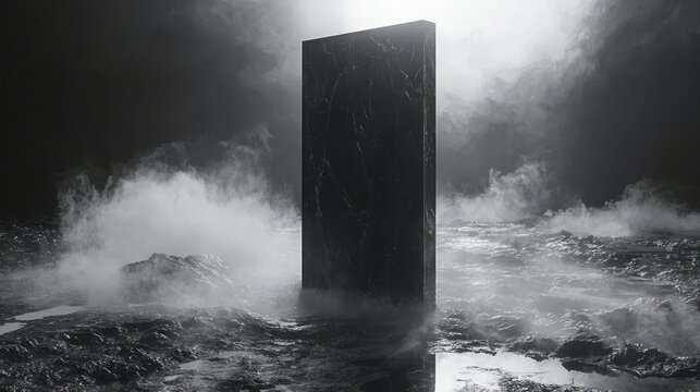 Mysterious Black Monolith in Foggy Landscape