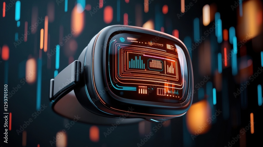 Poster futuristic holographic technology interface with glowing digital elements neon shapes data visualiza