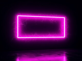 Rectangular Neon Frame Glows in a Dark Scene with a Light Reflection on the Ground Surface