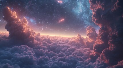 Colorful cloudscape with a vibrant sunrise in space.  Possible use Science fiction background, artwork