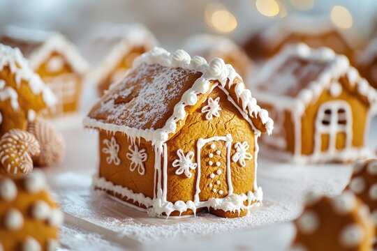 A detailed view of a festive gingerbread house on a table, perfect for holiday celebrations or winter themed designs