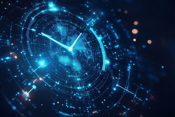 A Futuristic Visualization of Time Representation with Digital Clock Concept in a Dark Background, Featuring Blue and White Light Patterns and Circles