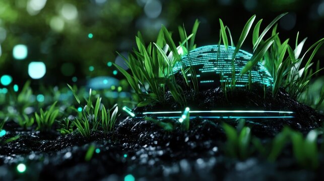 Sci-fi inspired grassland with glowing plants, floating digital interfaces displaying climate data, futuristic eco-system - Powered by Adobe