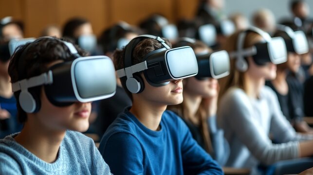 A group of students using VR headsets in a classroom