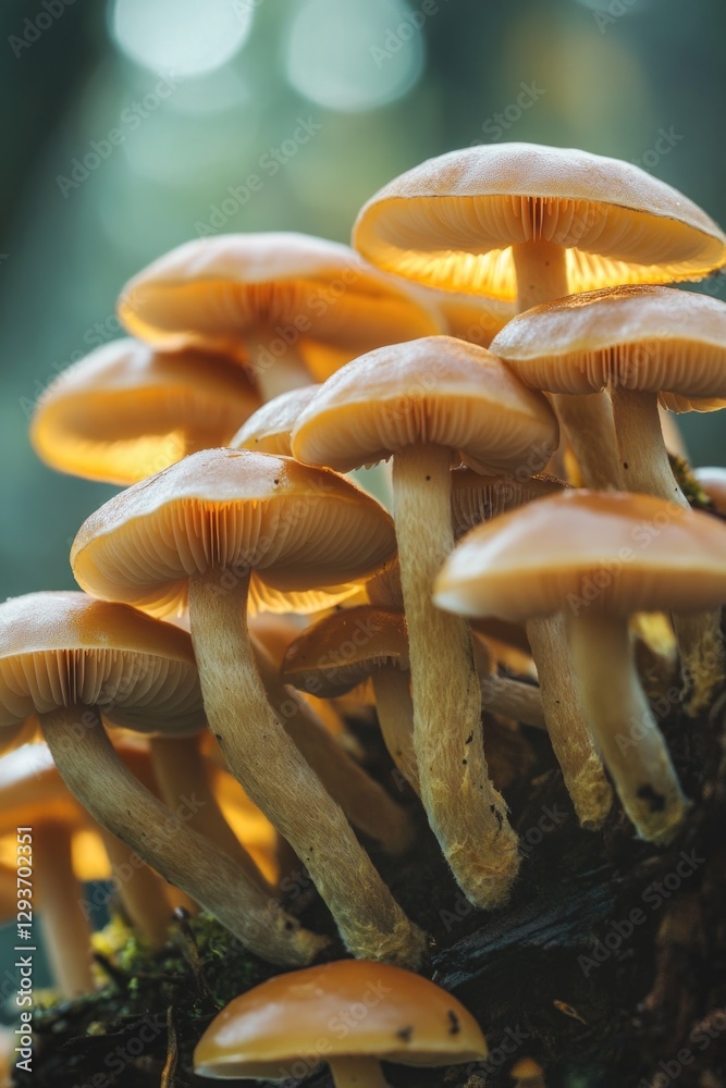 Poster a cluster of mushrooms growing on the top of a fallen tree trunk, perfect for nature-inspired design
