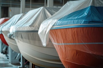 Row of boats covered in plastic wrapping, potentially for storage or maintenance