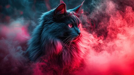 Mystical cat in smoky red-blue haze