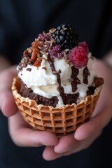 Ice cream in a waffle cup, located in the center of the frame . 