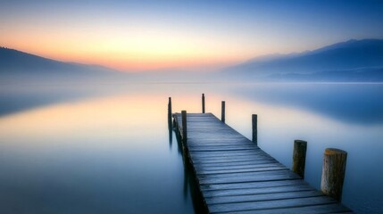 Obraz premium Tranquil sunrise over a calm lake, evoking peace and serenity. 