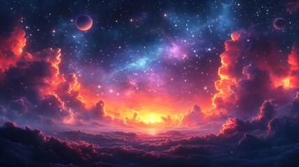 Fototapeta premium Colorful sky with a large red sun and a large blue moon. The sky is filled with clouds and stars