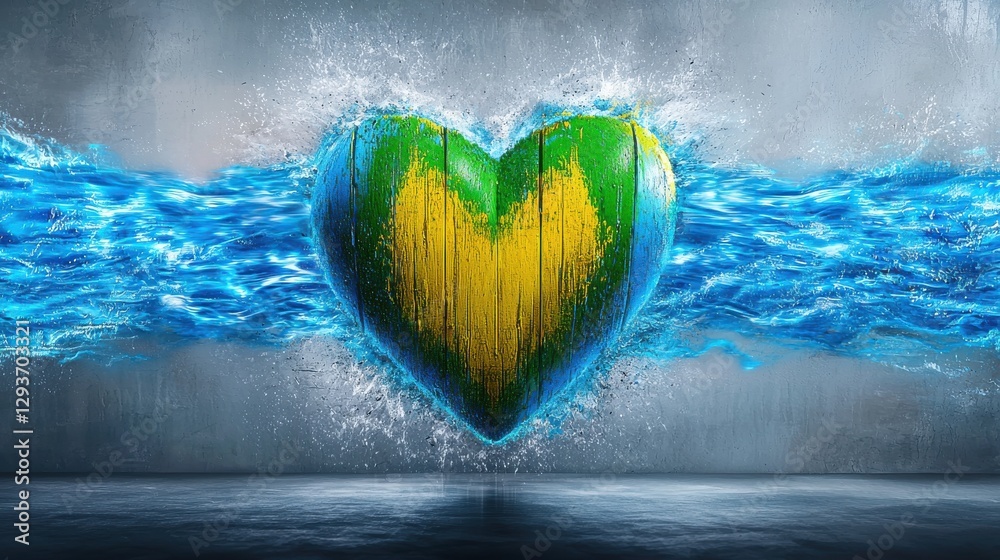 Poster captivating image showcases a vibrant heart shaped splash emerging from a backdrop of dynamic underw