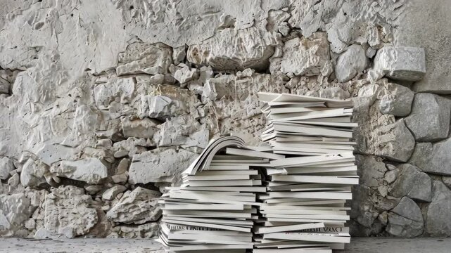 Multiple stacks of neatly arranged magazines are displayed against a light stone wall, creating a calm, modern atmosphere