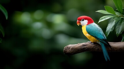 Obraz premium Blue-naped parrot background, Tanygnathus lucionensis, colorful parrot with red head sitting on twig isolated against dark green jungle. Nature leaves, green tropical forest