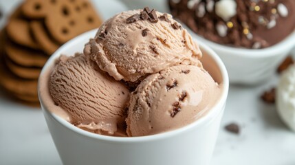 Ice cream next to hot chocolate and gingerbread cookies. 