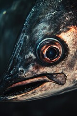 A close-up shot of a fish's eye on a dark background