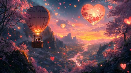 Obraz premium Romantic Hot Air Balloon Ride with Heart Balloons, Love Theme, Generated AI