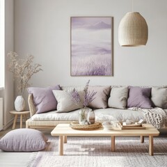 Modern living room displays a serene interior setting with decor