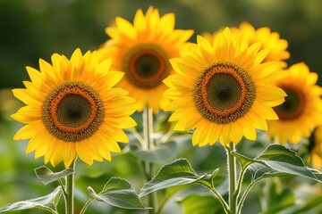 Obraz premium Sunflowers growing together in a bright yellow field, great for summer and garden themes