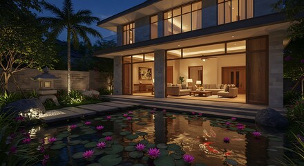 Obraz premium Serene Japanese Garden at Night with Pink Lotus Flowers and Warm Lighting 