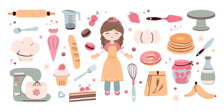 A set of tools for pastry chefs and bakers, desserts, pastries on a white background. Vector design.