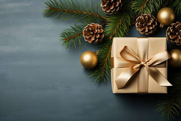 Christmas background with small balls and Christmas tree twigs on a wooden gray background.