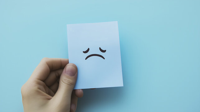 hand holding blue sticky note with sad face emoji, expressing emotions