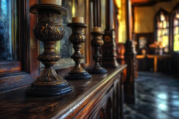 Row of candles on a wooden table