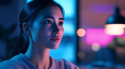 Naklejka premium Thoughtful Young Woman in Modern Room with Colorful Lighting