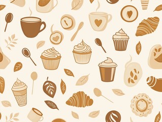 Seamless pattern of coffee cups, croissants, cupcakes, and dessert elements in warm brown tones with vintage style