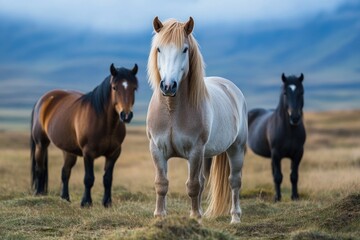 Fototapeta premium Three horses grazing in a green field with distant mountains