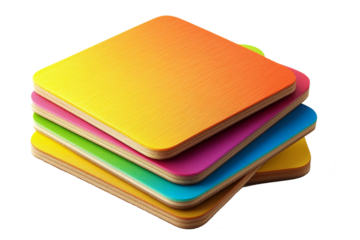 Stacked square wooden coasters in different colors. Transparent background