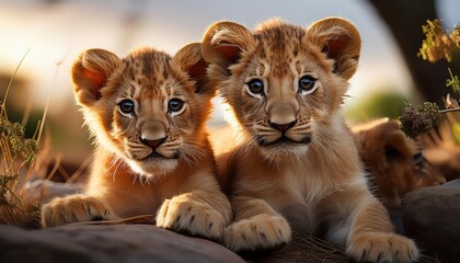 Obraz premium Playful Lion Cubs Frolicking in the Serengeti Savannah, Brimming with Joy and Energetic Spirit amidst Golden Sunlight and Vibrant Wildflowers.