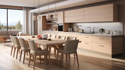 Fototapeta premium Intérieur d'une cuisine américaine, ouverte sur le salon. Lumière extérieure. Cuisine luxueuse, comptoir et meuble en bois clair. Conception et création graphique. 