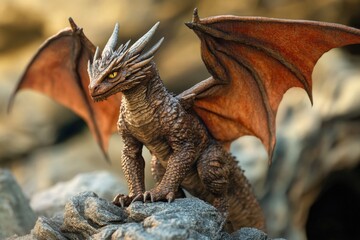 Fototapeta premium A mythical creature sitting on a rocky outcropping, with scales and wings spread out