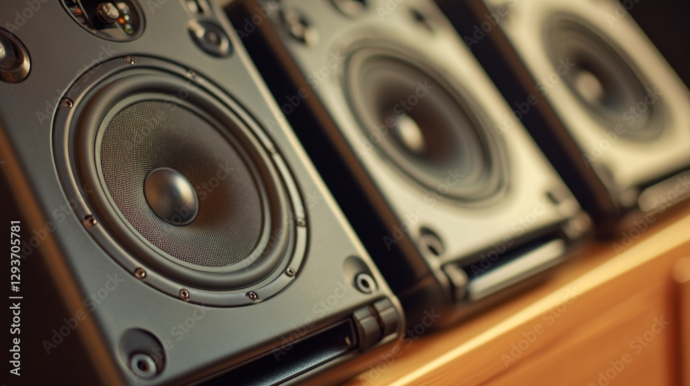 Poster a close-up view of a pair of speakers on a shelf, perfect for use in product photography or technolo