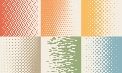 Distortion backgrounds set. Colored gradient dynamic transitions from geometric shapes - squares, diamonds, circles, crosses, zigzags. Modern abstract design for posters, presentations, flyers.