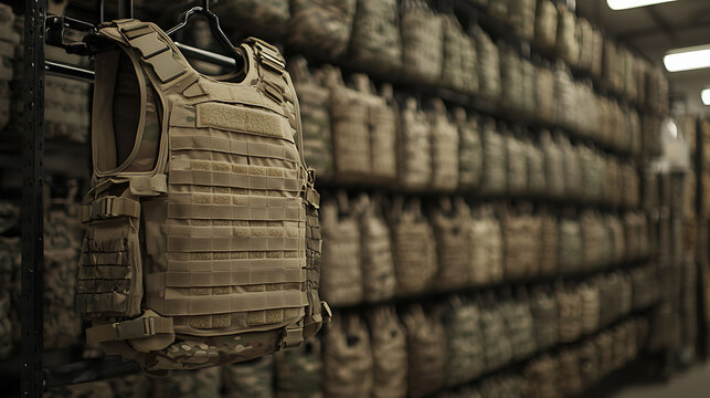 Tactical vest hanging in a storage room filled with camouflage gear and equipment. Ready for deployment or training. The vest is the focus.